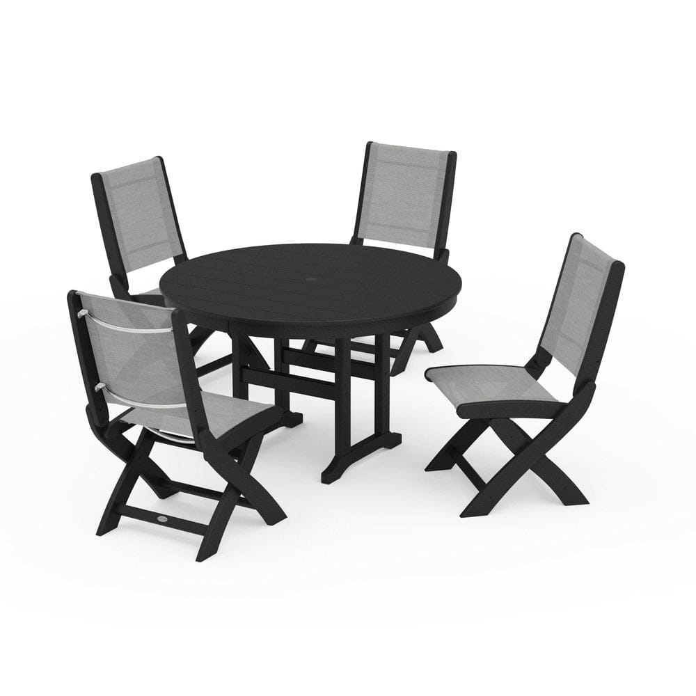 POLYWOOD® Outdoor Furniture Black / Metallic Sling POLYWOOD® - Coastal Folding Side Chair 5-Piece Round Dining Set - PWS1358