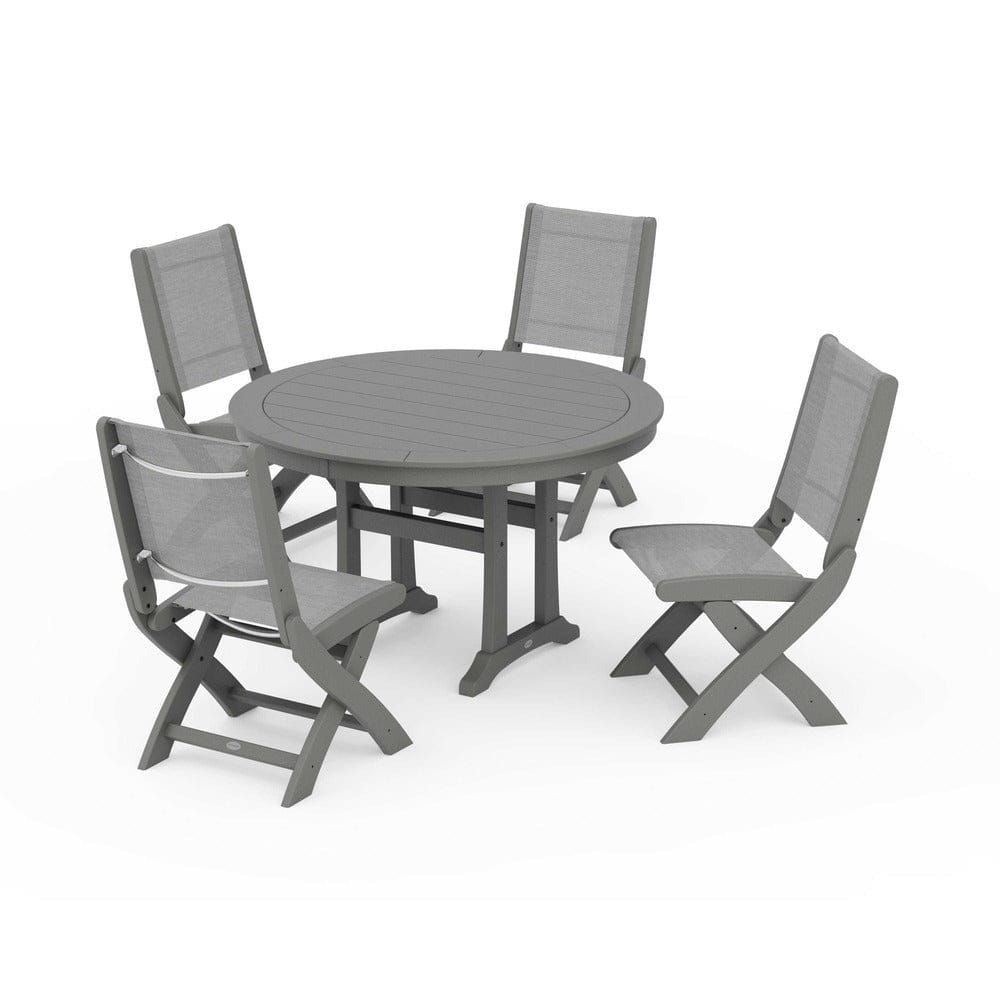 POLYWOOD® Outdoor Furniture Slate Grey / Metallic Sling POLYWOOD® - Coastal Folding Side Chair 5-Piece Round Dining Set With Trestle Legs - PWS1121