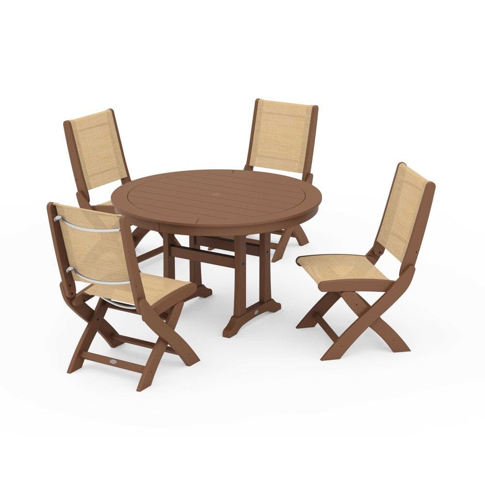 POLYWOOD® Outdoor Furniture Teak / Dupioni Apricot Sling POLYWOOD® - Coastal Folding Side Chair 5-Piece Round Dining Set With Trestle Legs - PWS1121