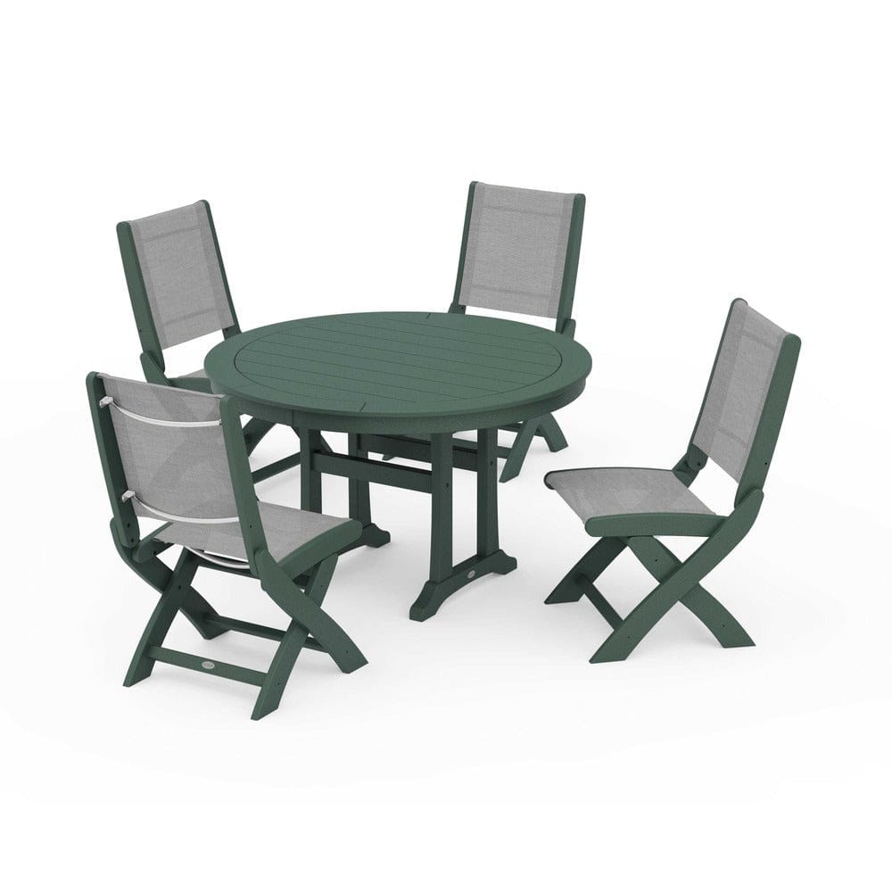 POLYWOOD® Outdoor Furniture Green / Metallic Sling POLYWOOD® - Coastal Folding Side Chair 5-Piece Round Dining Set With Trestle Legs - PWS1121