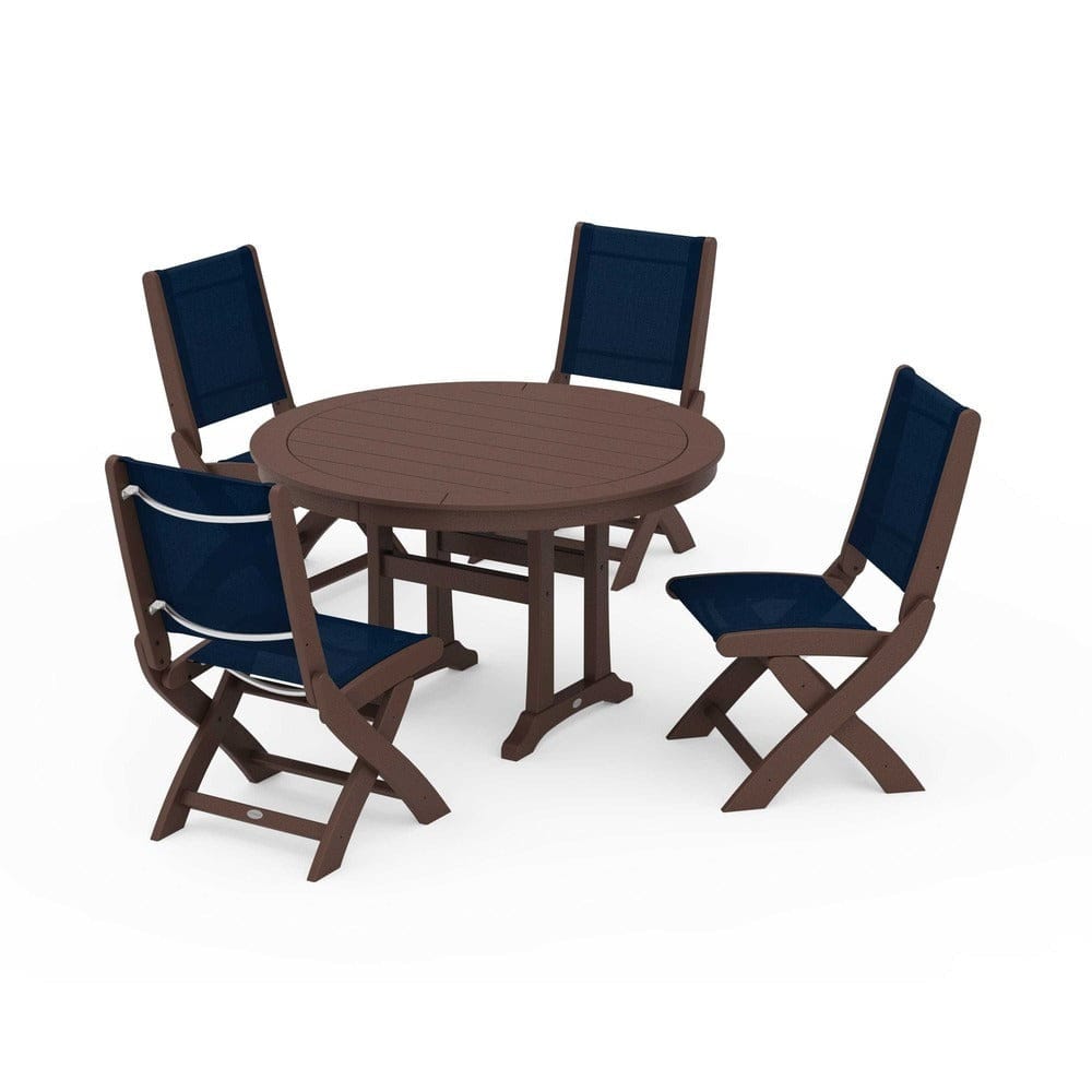 POLYWOOD® Outdoor Furniture Mahogany / Navy Blue Sling POLYWOOD® - Coastal Folding Side Chair 5-Piece Round Dining Set With Trestle Legs - PWS1121