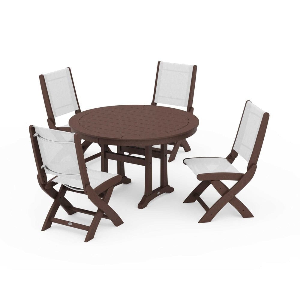 POLYWOOD® Outdoor Furniture Mahogany / White Sling POLYWOOD® - Coastal Folding Side Chair 5-Piece Round Dining Set With Trestle Legs - PWS1121