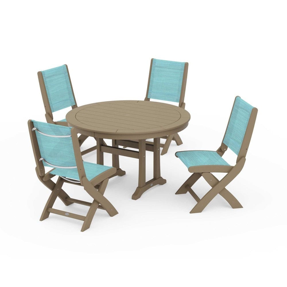 POLYWOOD® Outdoor Furniture POLYWOOD® - Coastal Folding Side Chair 5-Piece Round Dining Set With Trestle Legs - PWS1121