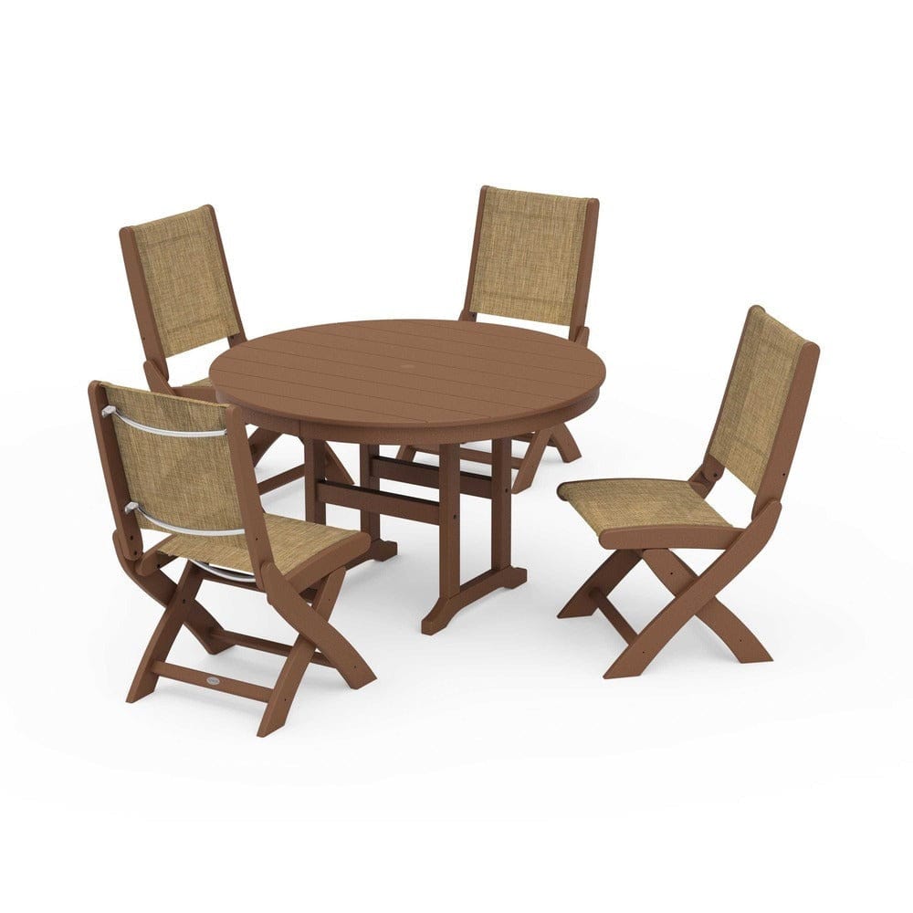 POLYWOOD® Outdoor Furniture Teak / Burlap Sling POLYWOOD® - Coastal Folding Side Chair 5-Piece Round Dining Set - PWS1358