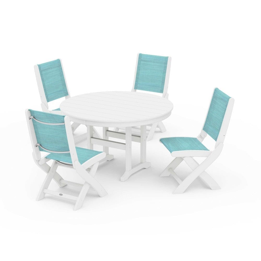 POLYWOOD® Outdoor Furniture White / Dupioni Aquamarine Sling POLYWOOD® - Coastal Folding Side Chair 5-Piece Round Dining Set - PWS1358