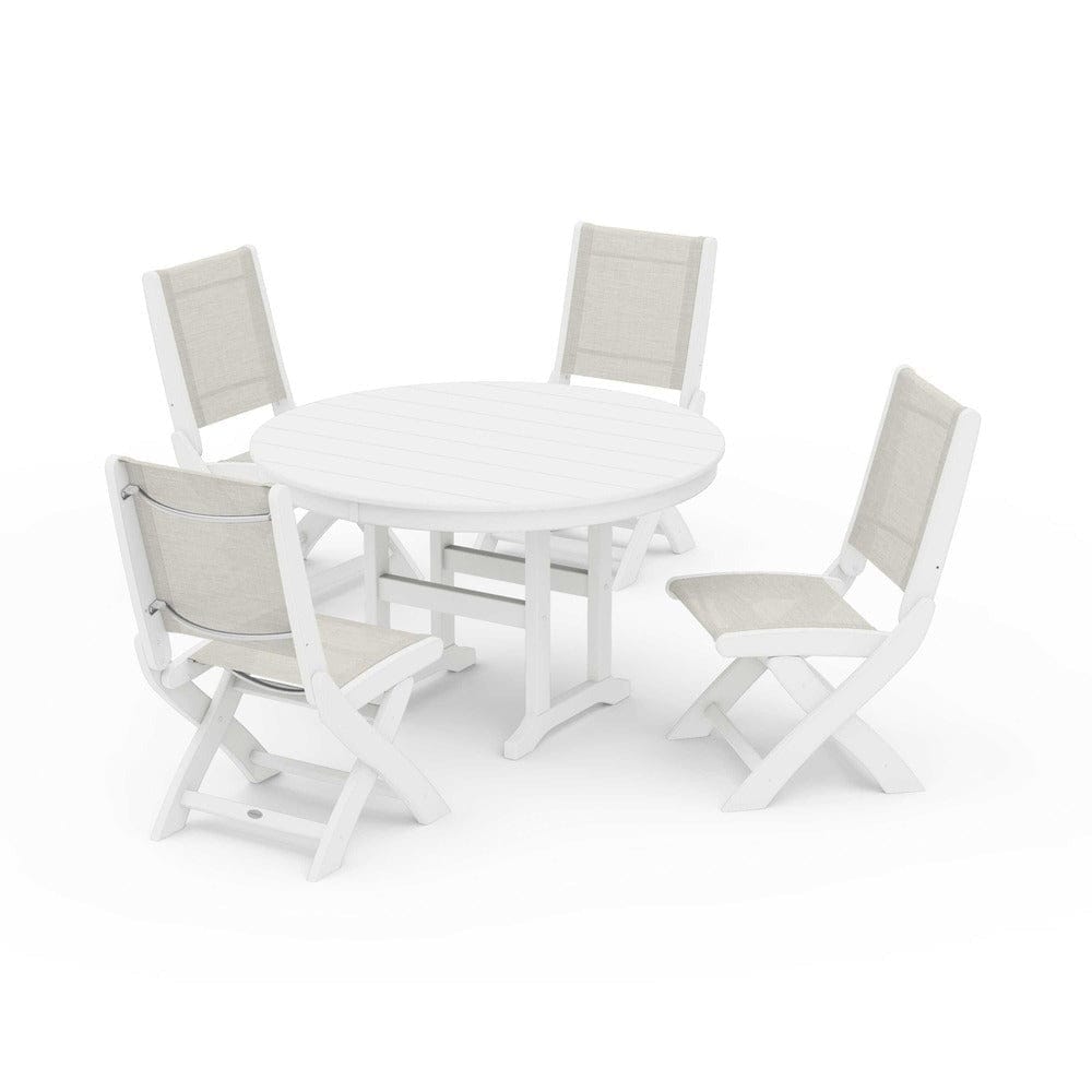 POLYWOOD® Outdoor Furniture White / Parchment Sling POLYWOOD® - Coastal Folding Side Chair 5-Piece Round Dining Set - PWS1358