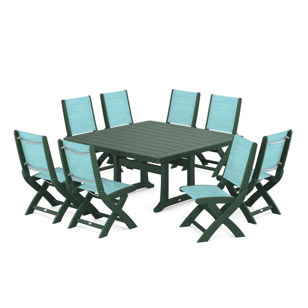 POLYWOOD® Outdoor Furniture Green / Dupioni Aquamarine Sling POLYWOOD® - Coastal Folding Side Chair 9-Piece Dining Set with Trestle Legs - PWS1113