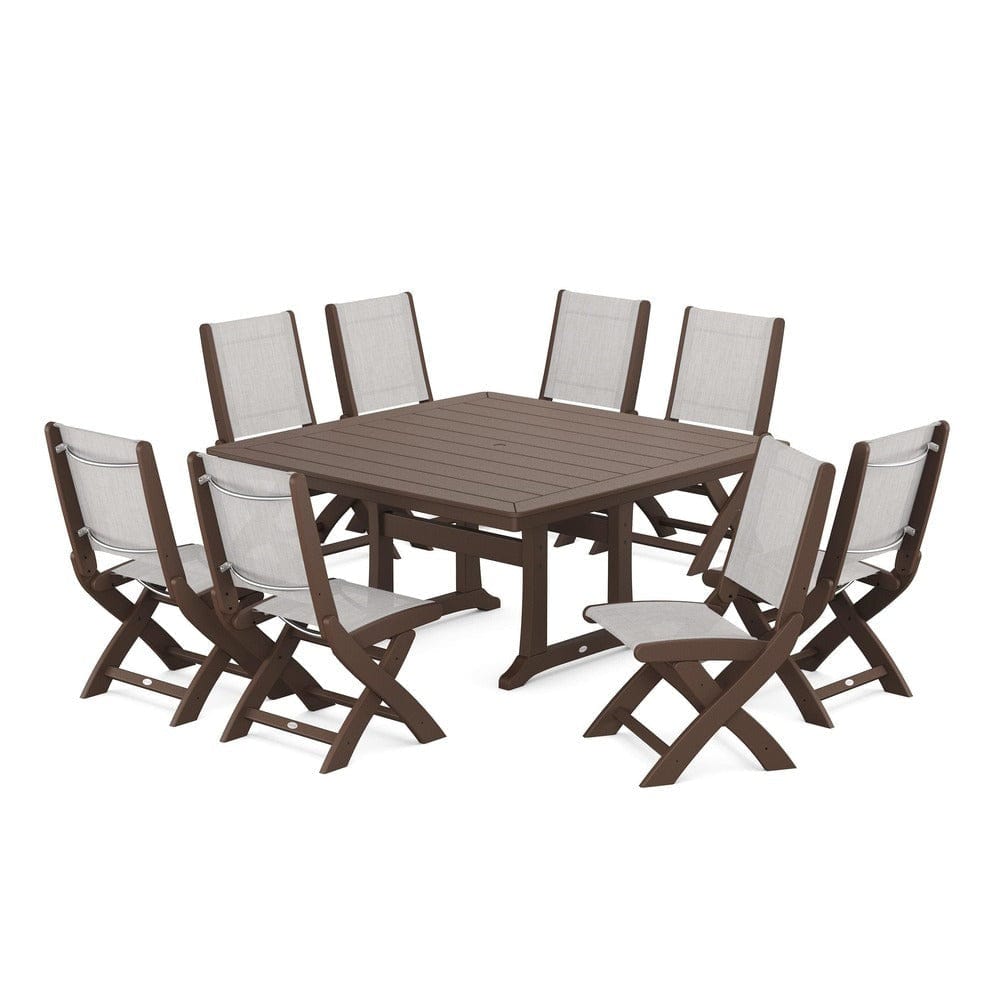 POLYWOOD® Outdoor Furniture Mahogany / Parchment Sling POLYWOOD® - Coastal Folding Side Chair 9-Piece Dining Set with Trestle Legs - PWS1113