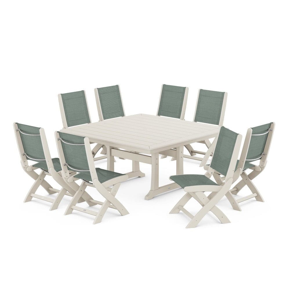 POLYWOOD® Outdoor Furniture Sand / Dupioni Sea Mist Sling POLYWOOD® - Coastal Folding Side Chair 9-Piece Dining Set with Trestle Legs - PWS1113