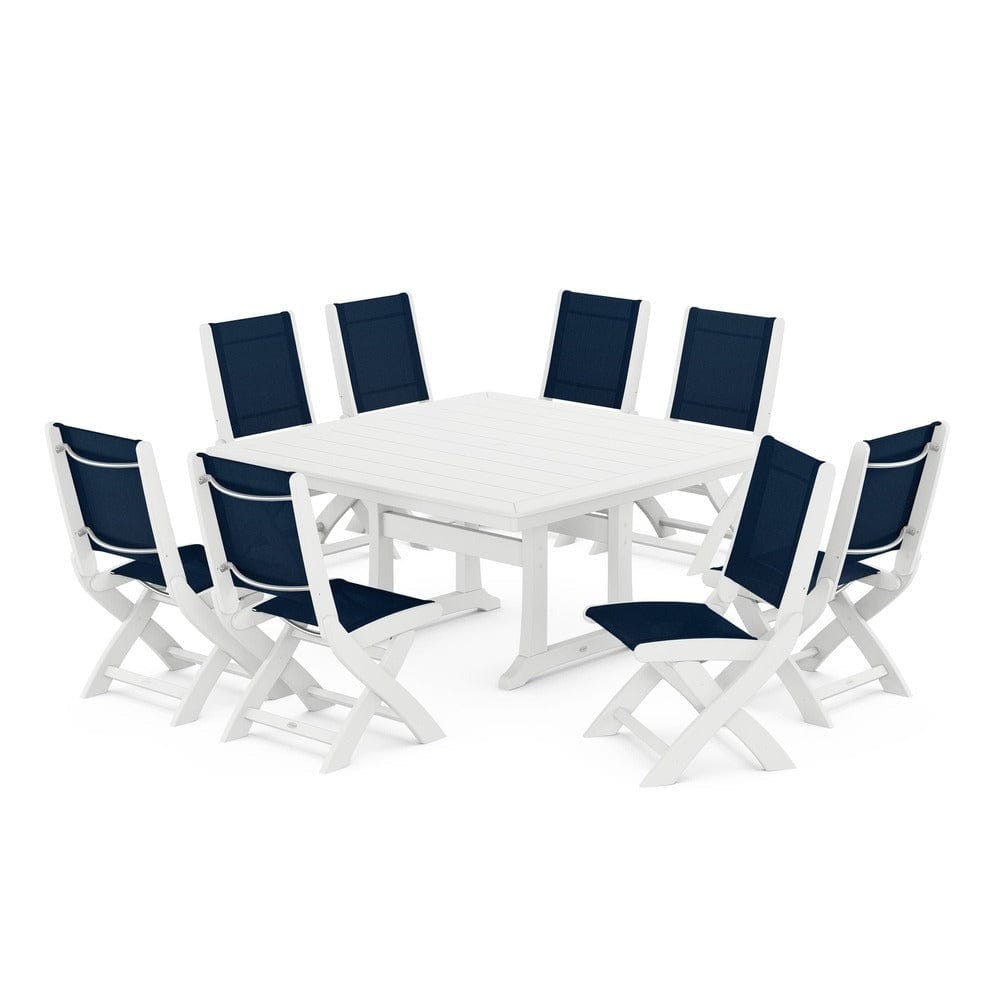 POLYWOOD® Outdoor Furniture White / Navy Blue Sling POLYWOOD® - Coastal Folding Side Chair 9-Piece Dining Set with Trestle Legs - PWS1113