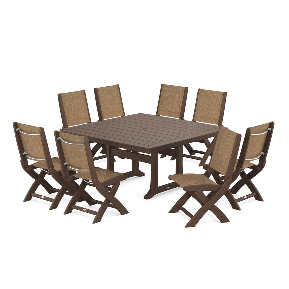 POLYWOOD® Outdoor Furniture Mahogany / Burlap Sling POLYWOOD® - Coastal Folding Side Chair 9-Piece Dining Set with Trestle Legs - PWS1113