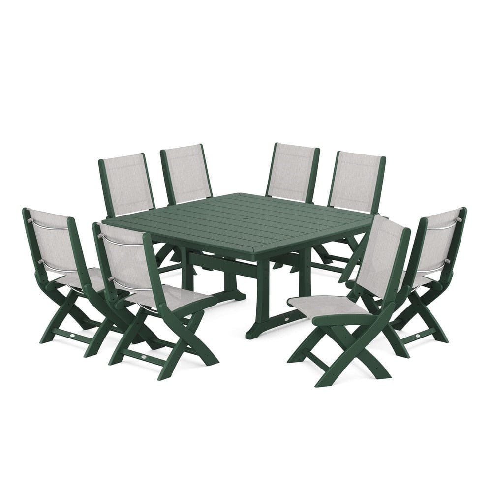 POLYWOOD® Outdoor Furniture Green / Parchment Sling POLYWOOD® - Coastal Folding Side Chair 9-Piece Dining Set with Trestle Legs - PWS1113