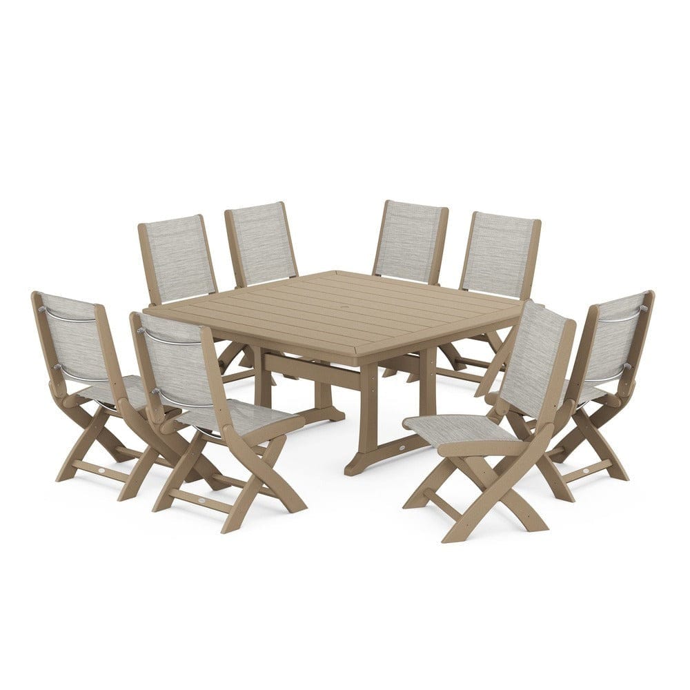 POLYWOOD® Outdoor Furniture Vintage Sahara / Birch Sling POLYWOOD® - Coastal Folding Side Chair 9-Piece Dining Set with Trestle Legs - PWS1113