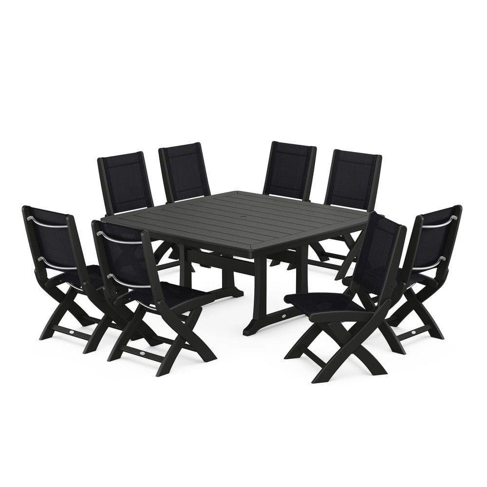 POLYWOOD® Outdoor Furniture Black / Black Sling POLYWOOD® - Coastal Folding Side Chair 9-Piece Dining Set with Trestle Legs - PWS1113