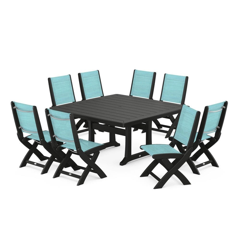 POLYWOOD® Outdoor Furniture Black / Dupioni Aquamarine Sling POLYWOOD® - Coastal Folding Side Chair 9-Piece Dining Set with Trestle Legs - PWS1113