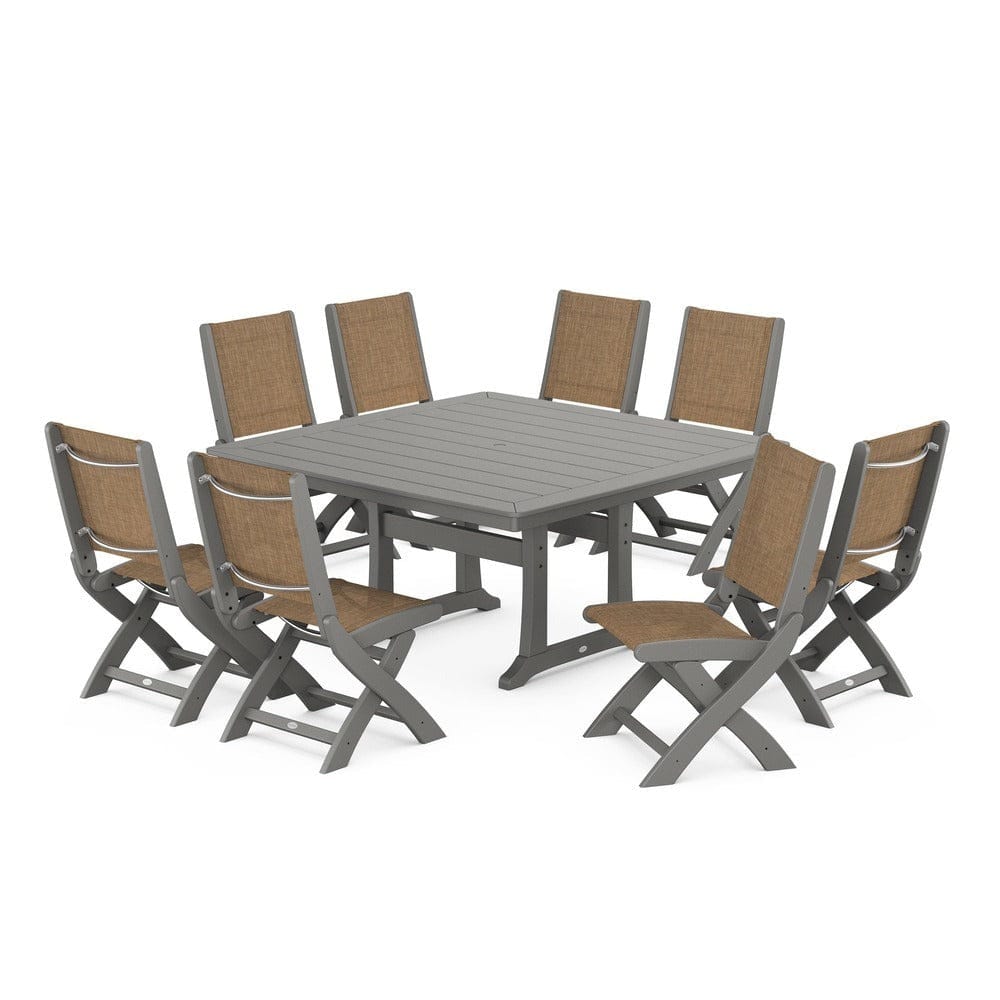 POLYWOOD® Outdoor Furniture Slate Grey / Burlap Sling POLYWOOD® - Coastal Folding Side Chair 9-Piece Dining Set with Trestle Legs - PWS1113