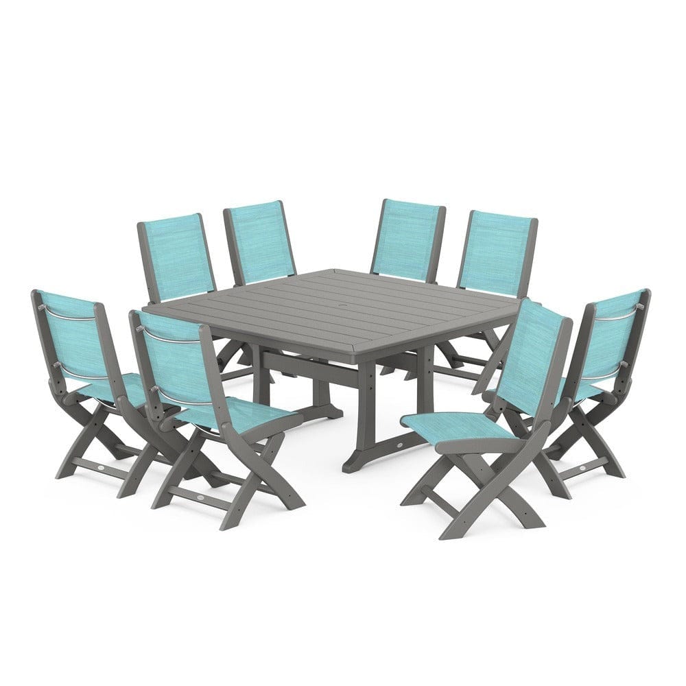 POLYWOOD® Outdoor Furniture Slate Grey / Dupioni Aquamarine Sling POLYWOOD® - Coastal Folding Side Chair 9-Piece Dining Set with Trestle Legs - PWS1113
