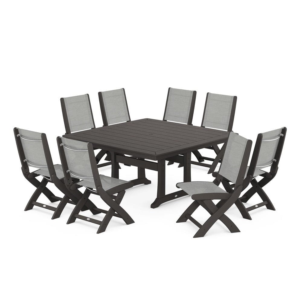 POLYWOOD® Outdoor Furniture Vintage Coffee / Metallic Sling POLYWOOD® - Coastal Folding Side Chair 9-Piece Dining Set with Trestle Legs - PWS1113