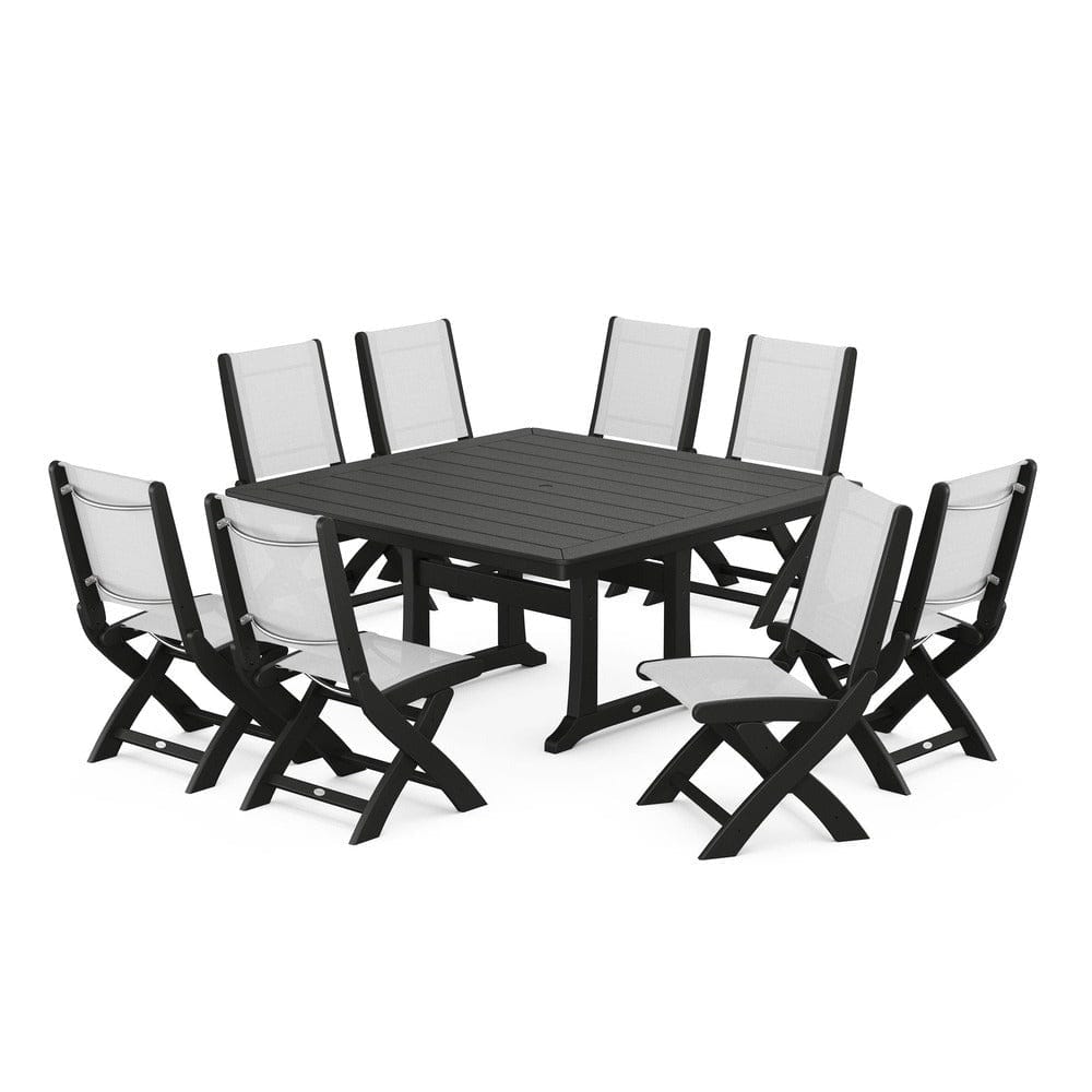 POLYWOOD® Outdoor Furniture Black / White Sling POLYWOOD® - Coastal Folding Side Chair 9-Piece Dining Set with Trestle Legs - PWS1113