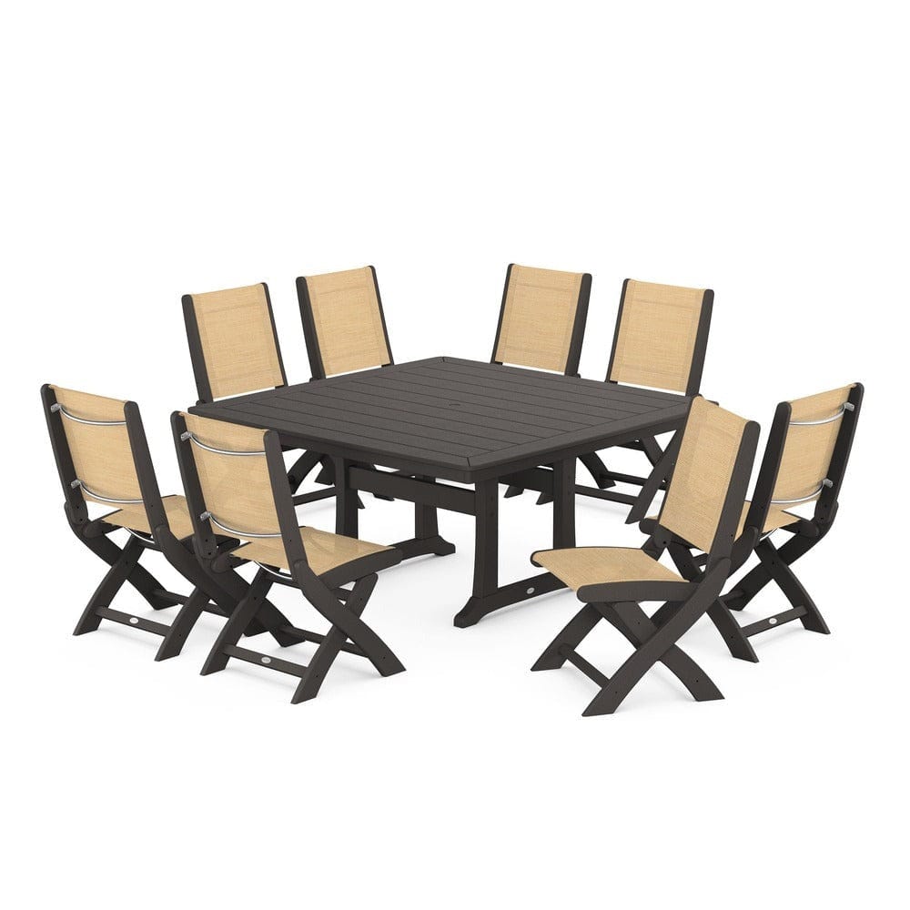 POLYWOOD® Outdoor Furniture Vintage Coffee / Dupioni Apricot Sling POLYWOOD® - Coastal Folding Side Chair 9-Piece Dining Set with Trestle Legs - PWS1113