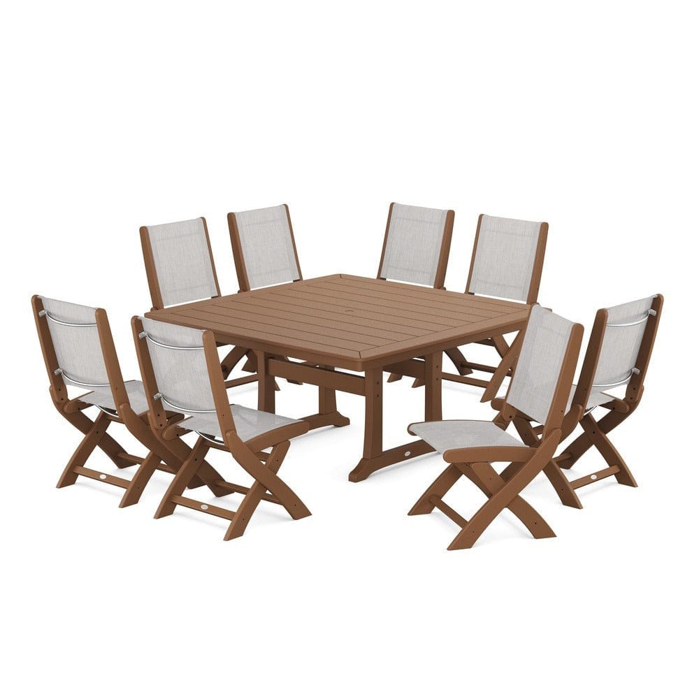 POLYWOOD® Outdoor Furniture Teak / Parchment Sling POLYWOOD® - Coastal Folding Side Chair 9-Piece Dining Set with Trestle Legs - PWS1113