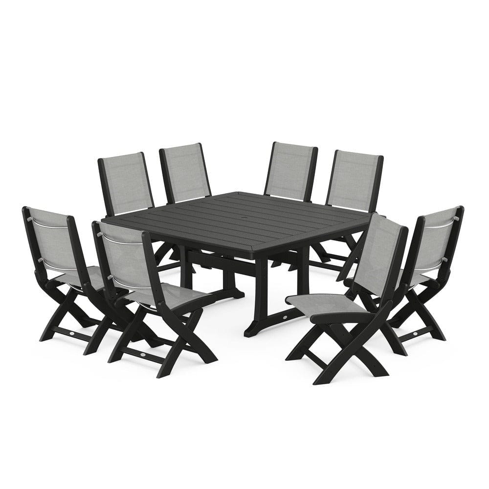 POLYWOOD® Outdoor Furniture Black / Metallic Sling POLYWOOD® - Coastal Folding Side Chair 9-Piece Dining Set with Trestle Legs - PWS1113
