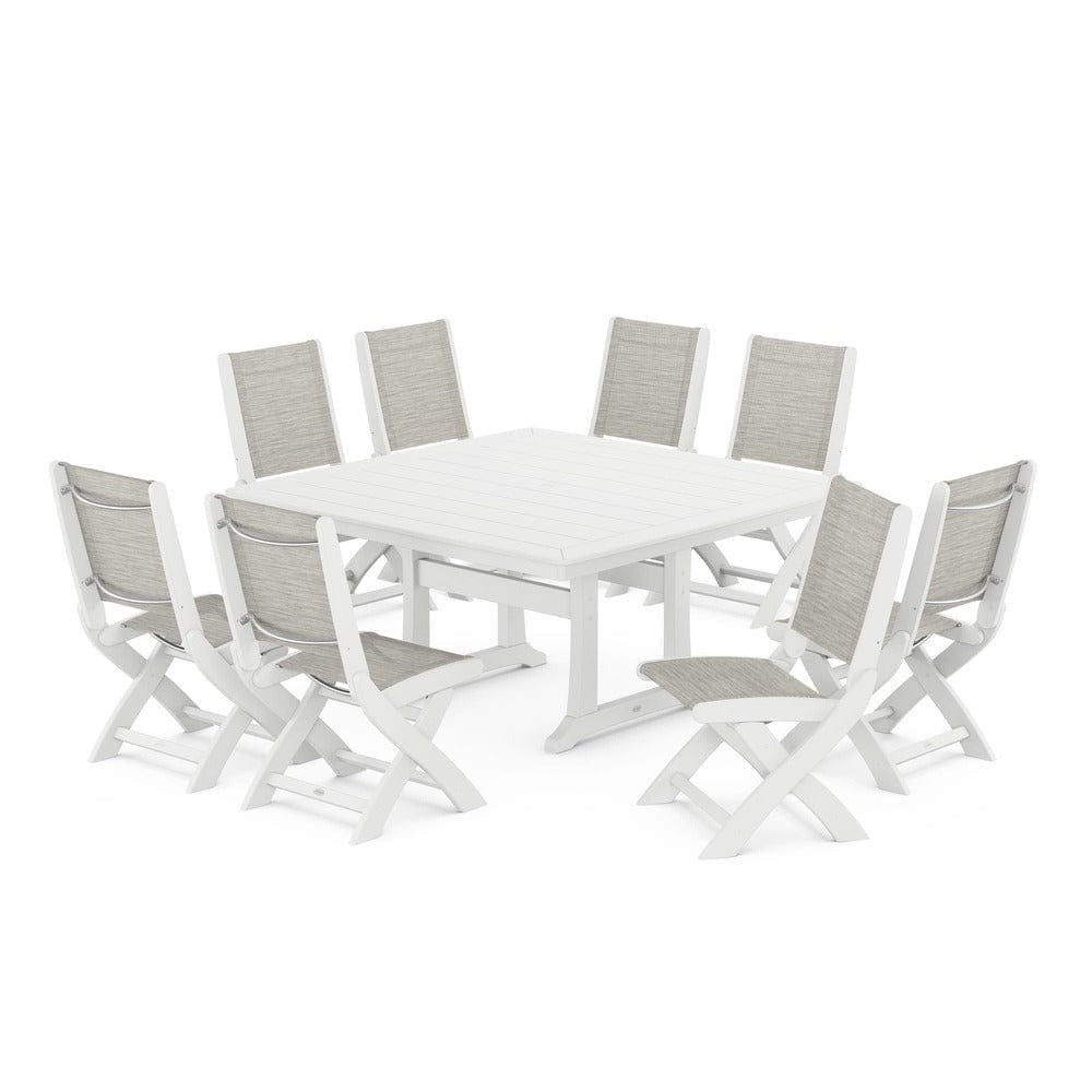 POLYWOOD® Outdoor Furniture White / Birch Sling POLYWOOD® - Coastal Folding Side Chair 9-Piece Dining Set with Trestle Legs - PWS1113