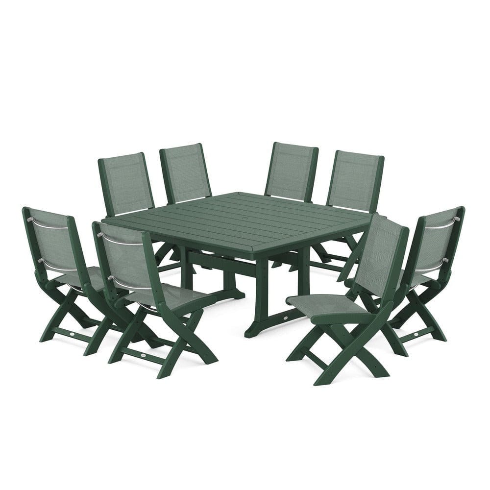 POLYWOOD® Outdoor Furniture Green / Dupioni Sea Mist Sling POLYWOOD® - Coastal Folding Side Chair 9-Piece Dining Set with Trestle Legs - PWS1113