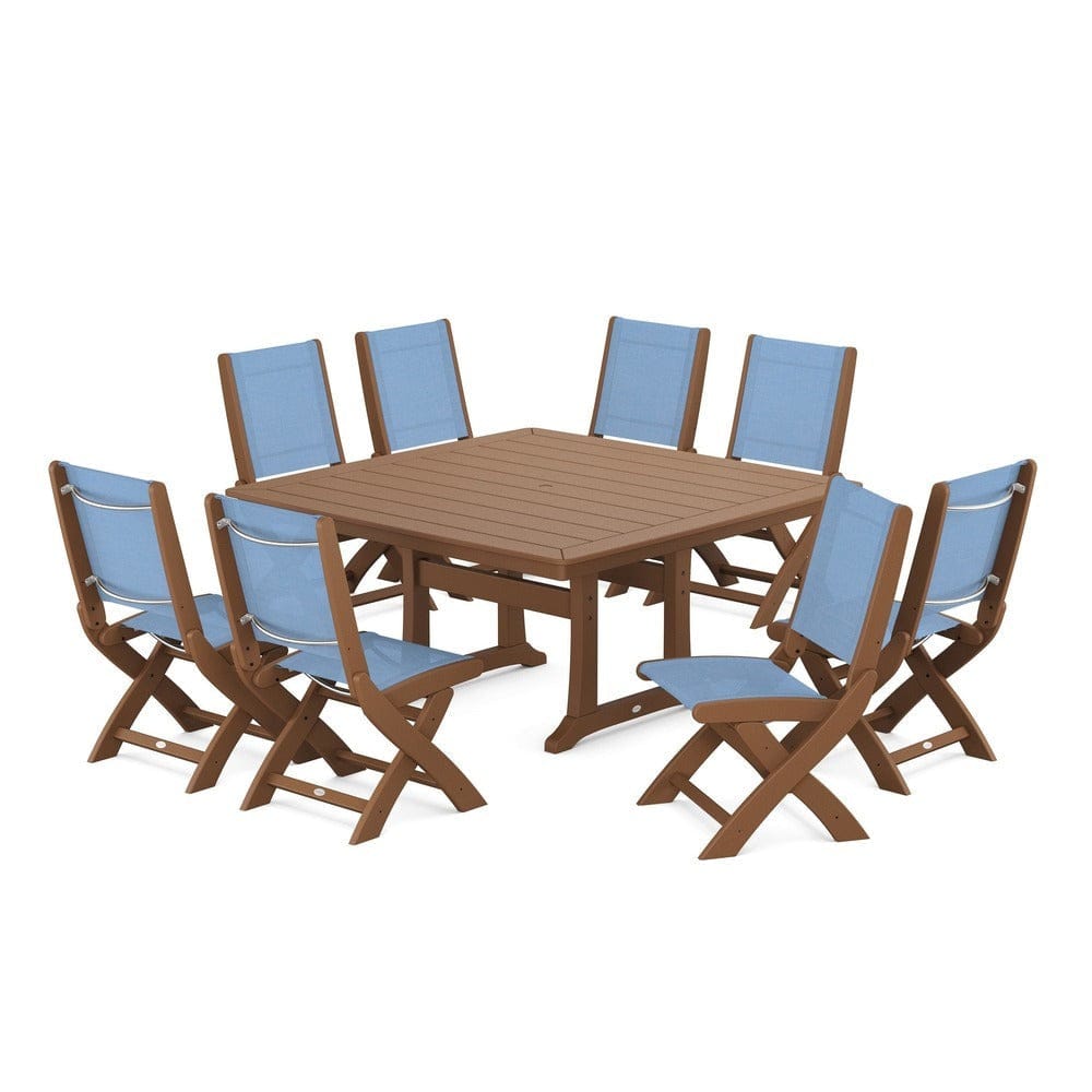 POLYWOOD® Outdoor Furniture Teak / Poolside Sling POLYWOOD® - Coastal Folding Side Chair 9-Piece Dining Set with Trestle Legs - PWS1113