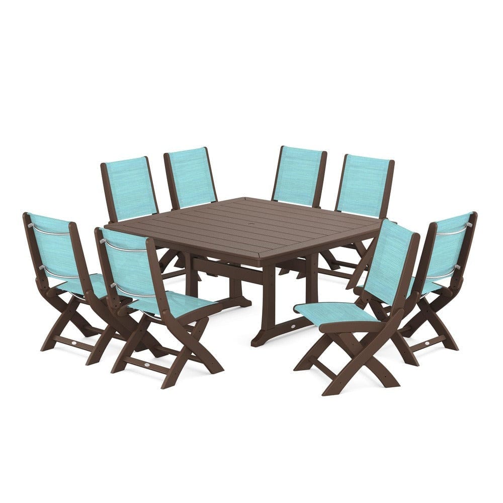 POLYWOOD® Outdoor Furniture Mahogany / Dupioni Aquamarine Sling POLYWOOD® - Coastal Folding Side Chair 9-Piece Dining Set with Trestle Legs - PWS1113