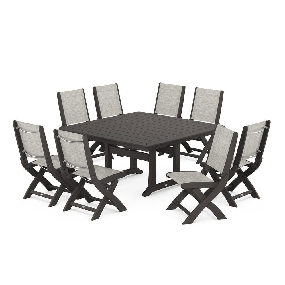 POLYWOOD® Outdoor Furniture Vintage Coffee / Birch Sling POLYWOOD® - Coastal Folding Side Chair 9-Piece Dining Set with Trestle Legs - PWS1113