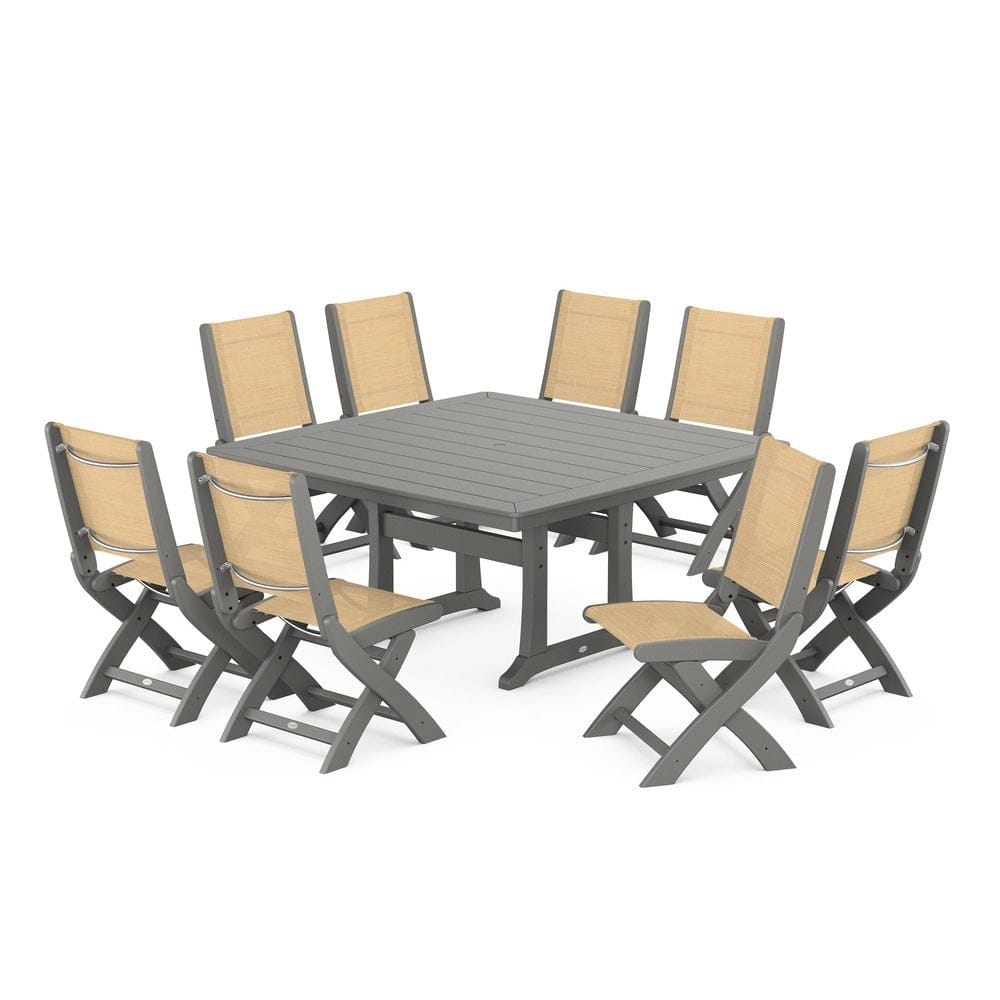 POLYWOOD® Outdoor Furniture Slate Grey / Dupioni Apricot Sling POLYWOOD® - Coastal Folding Side Chair 9-Piece Dining Set with Trestle Legs - PWS1113