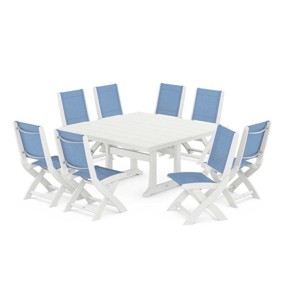POLYWOOD® Outdoor Furniture White / Poolside Sling POLYWOOD® - Coastal Folding Side Chair 9-Piece Farmhouse Dining Set - PWS1287