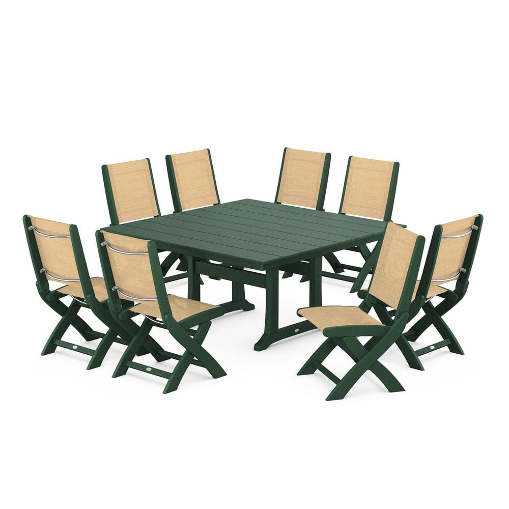 POLYWOOD® Outdoor Furniture Green / Dupioni Apricot Sling POLYWOOD® - Coastal Folding Side Chair 9-Piece Farmhouse Dining Set - PWS1287
