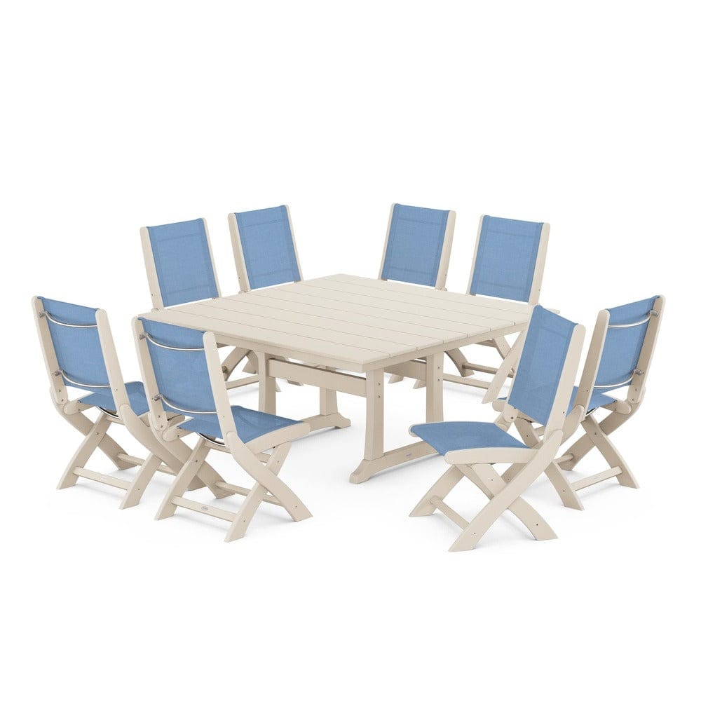 POLYWOOD® Outdoor Furniture Sand / Poolside Sling POLYWOOD® - Coastal Folding Side Chair 9-Piece Farmhouse Dining Set - PWS1287