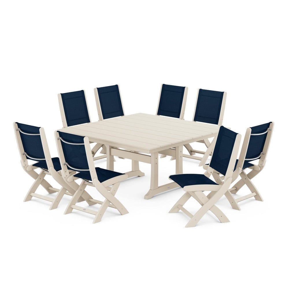 POLYWOOD® Outdoor Furniture Sand / Navy Blue Sling POLYWOOD® - Coastal Folding Side Chair 9-Piece Farmhouse Dining Set - PWS1287
