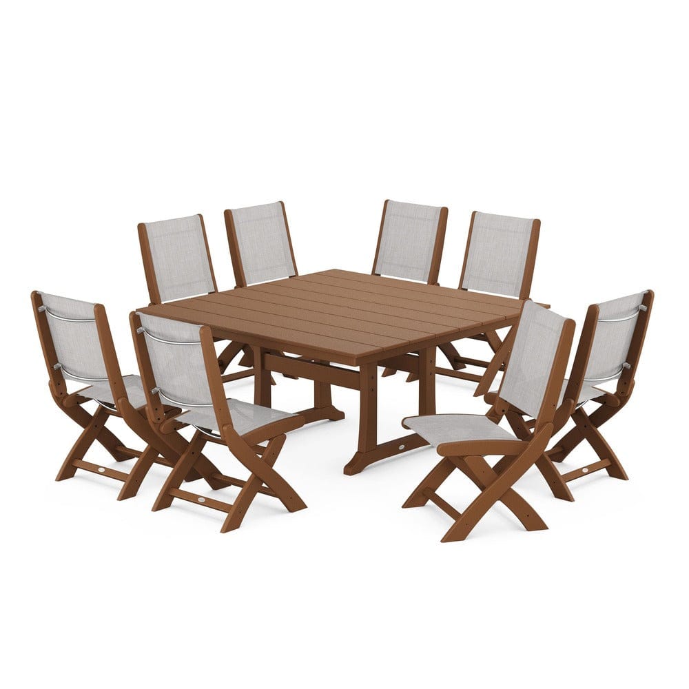 POLYWOOD® Outdoor Furniture Teak / Parchment Sling POLYWOOD® - Coastal Folding Side Chair 9-Piece Farmhouse Dining Set - PWS1287