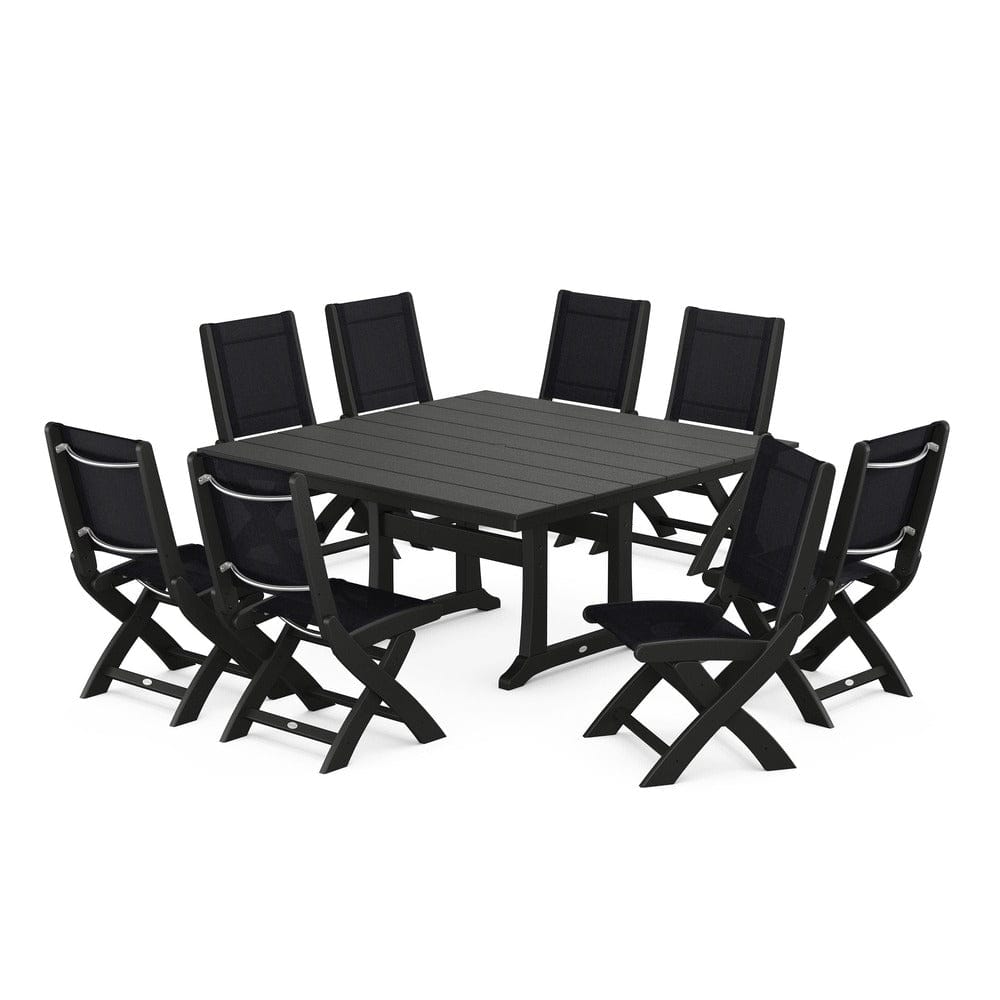POLYWOOD® Outdoor Furniture Black / Black Sling POLYWOOD® - Coastal Folding Side Chair 9-Piece Farmhouse Dining Set - PWS1287