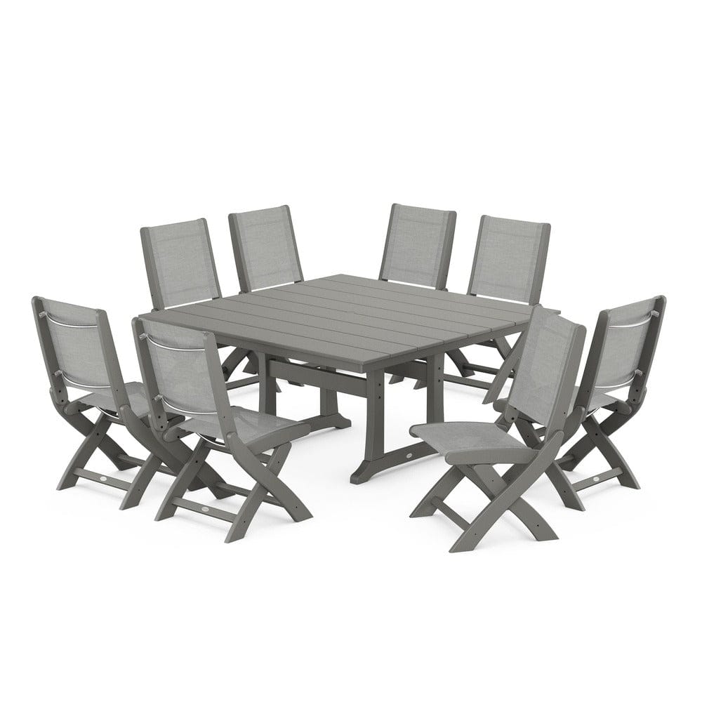 POLYWOOD® Outdoor Furniture Slate Grey / Metallic Sling POLYWOOD® - Coastal Folding Side Chair 9-Piece Farmhouse Dining Set - PWS1287