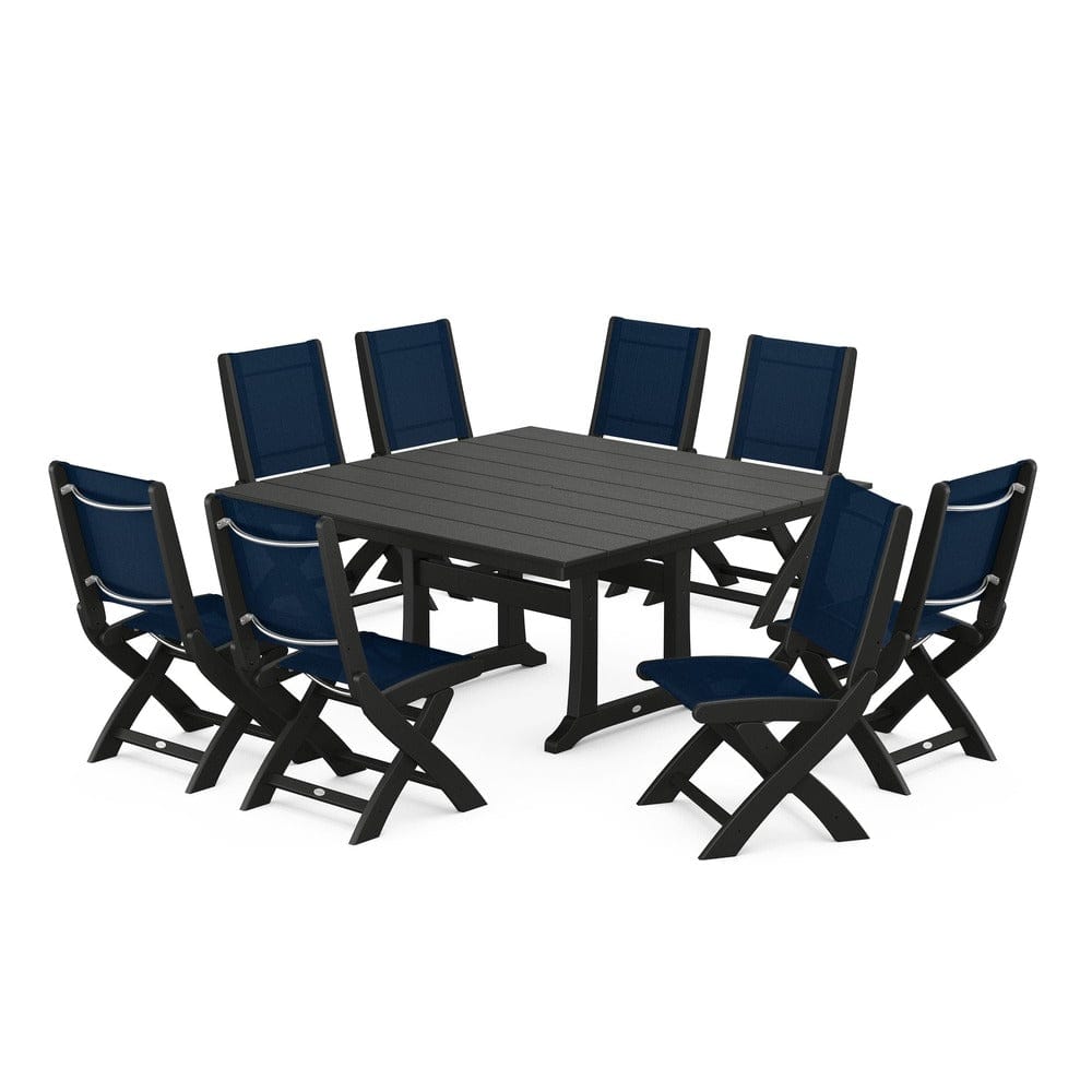 POLYWOOD® Outdoor Furniture Black / Navy Blue Sling POLYWOOD® - Coastal Folding Side Chair 9-Piece Farmhouse Dining Set - PWS1287