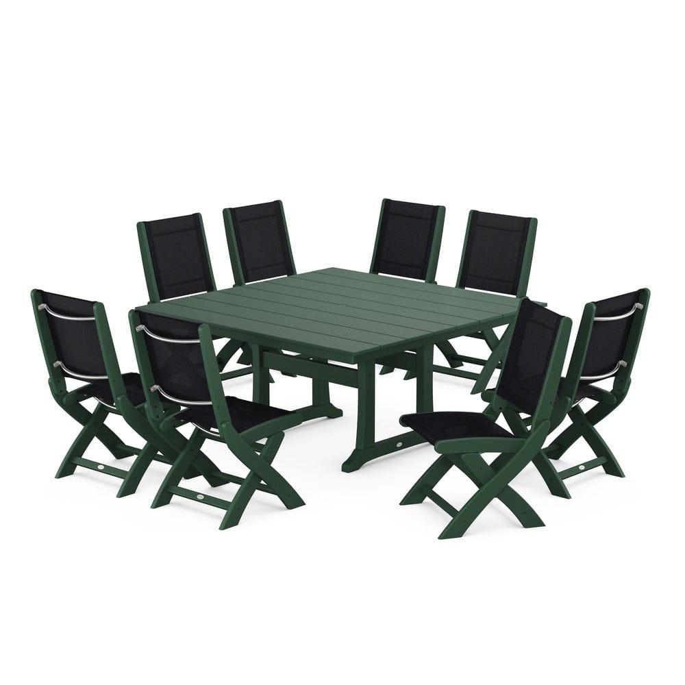 POLYWOOD® Outdoor Furniture Green / Black Sling POLYWOOD® - Coastal Folding Side Chair 9-Piece Farmhouse Dining Set - PWS1287