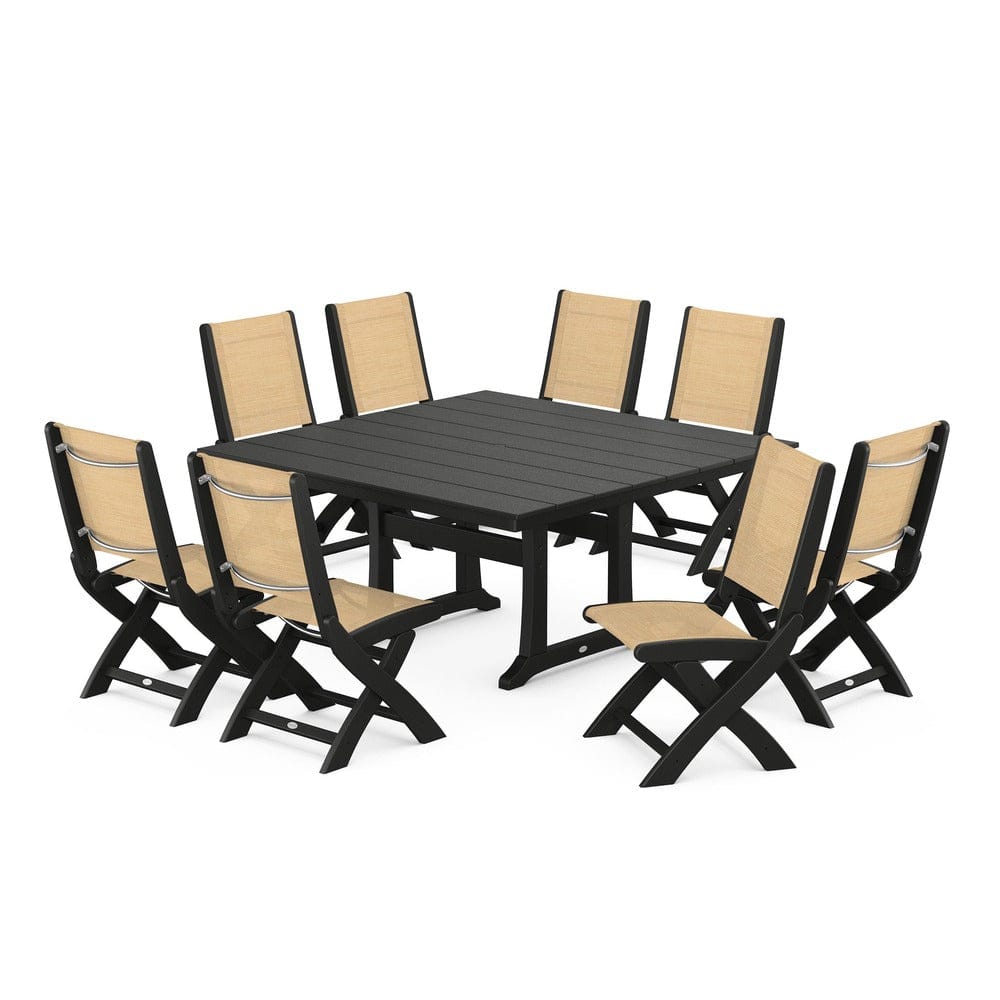 POLYWOOD® Outdoor Furniture Black / Dupioni Apricot Sling POLYWOOD® - Coastal Folding Side Chair 9-Piece Farmhouse Dining Set - PWS1287
