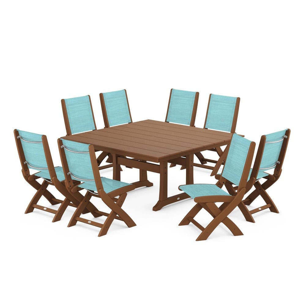 POLYWOOD® Outdoor Furniture Teak / Dupioni Aquamarine Sling POLYWOOD® - Coastal Folding Side Chair 9-Piece Farmhouse Dining Set - PWS1287