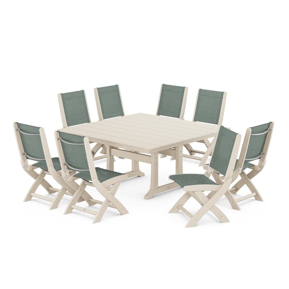 POLYWOOD® Outdoor Furniture Sand / Dupioni Sea Mist Sling POLYWOOD® - Coastal Folding Side Chair 9-Piece Farmhouse Dining Set - PWS1287