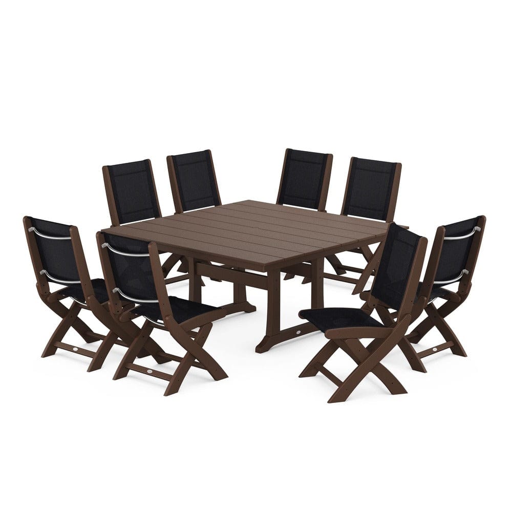 POLYWOOD® Outdoor Furniture Mahogany / Black Sling POLYWOOD® - Coastal Folding Side Chair 9-Piece Farmhouse Dining Set - PWS1287