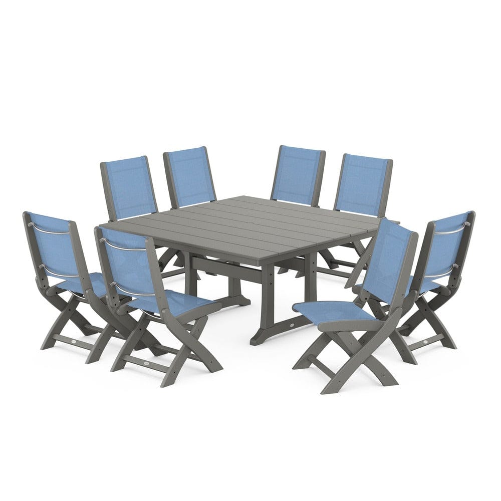 POLYWOOD® Outdoor Furniture Slate Grey / Poolside Sling POLYWOOD® - Coastal Folding Side Chair 9-Piece Farmhouse Dining Set - PWS1287