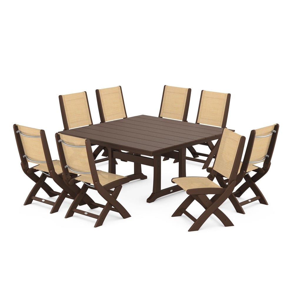 POLYWOOD® Outdoor Furniture Mahogany / Dupioni Apricot Sling POLYWOOD® - Coastal Folding Side Chair 9-Piece Farmhouse Dining Set - PWS1287