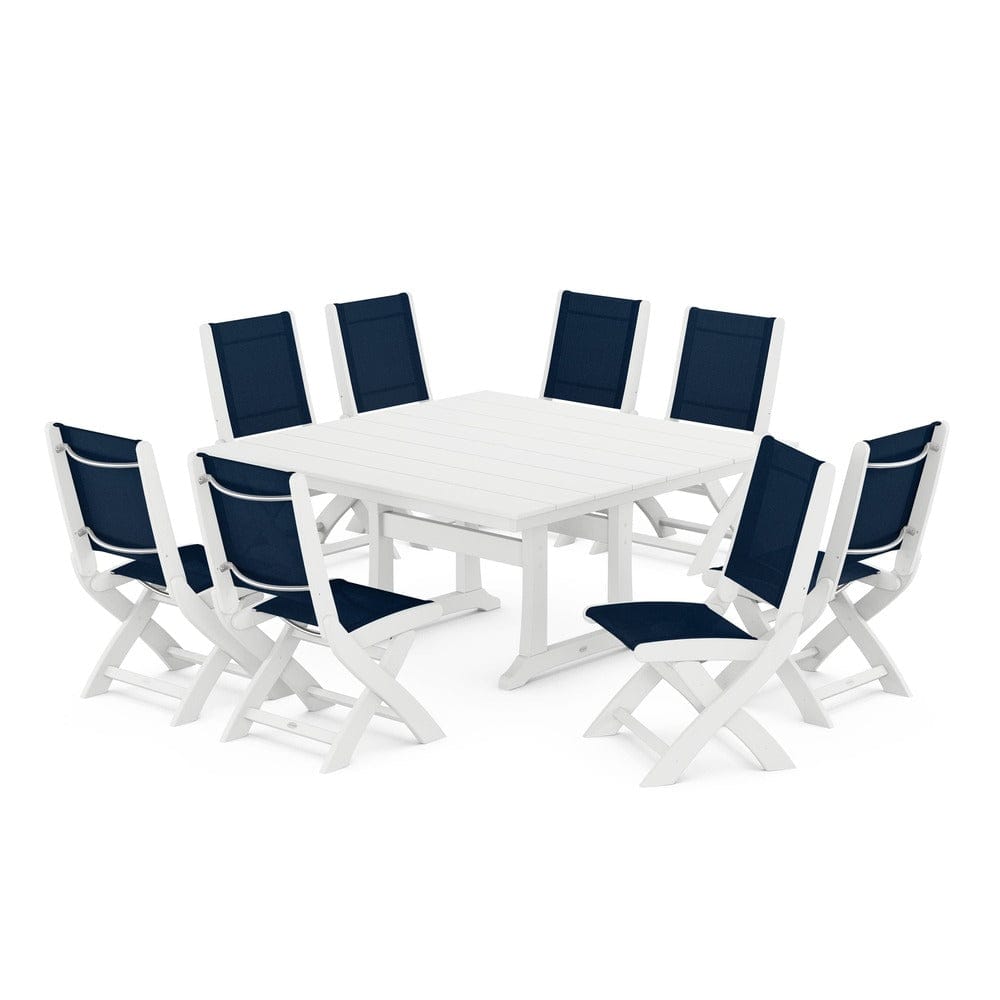 POLYWOOD® Outdoor Furniture White / Navy Blue Sling POLYWOOD® - Coastal Folding Side Chair 9-Piece Farmhouse Dining Set - PWS1287
