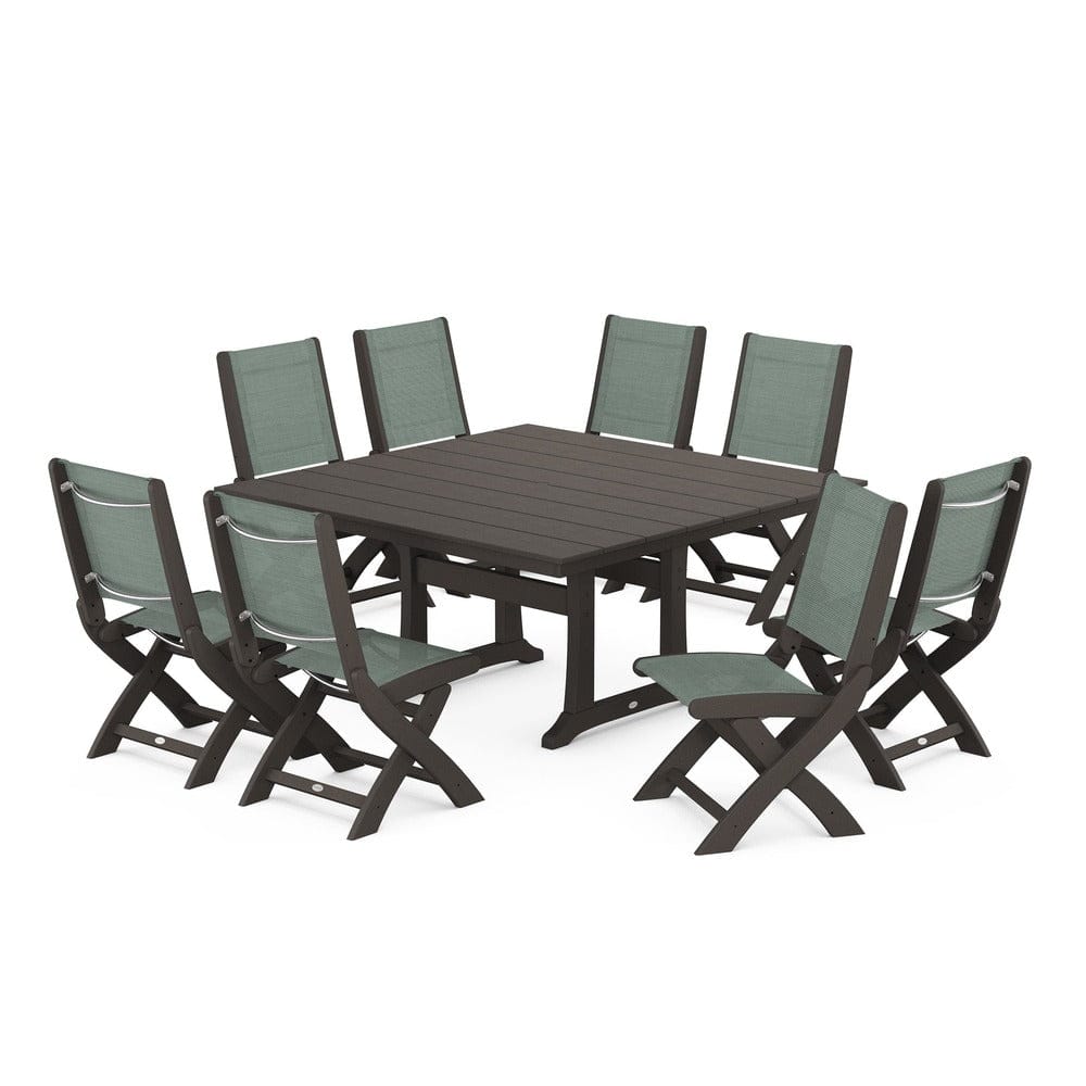 POLYWOOD® Outdoor Furniture Vintage Coffee / Dupioni Sea Mist Sling POLYWOOD® - Coastal Folding Side Chair 9-Piece Farmhouse Dining Set - PWS1287