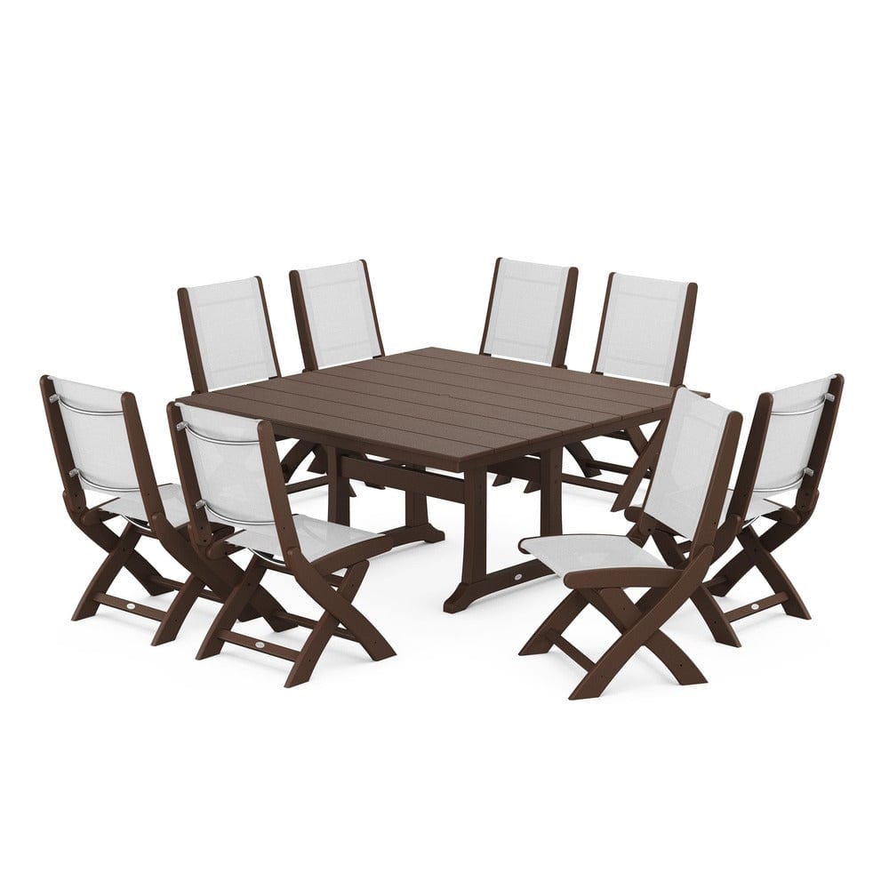 POLYWOOD® Outdoor Furniture Mahogany / White Sling POLYWOOD® - Coastal Folding Side Chair 9-Piece Farmhouse Dining Set - PWS1287